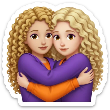 Black and blonde curly long hair ladys hugging each other with purple and orange sticker