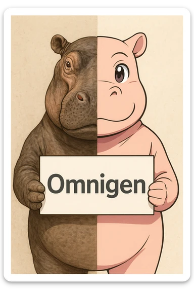 a hippo holding sign of omnigen, half picture hippo is realistic another hald is the anime of that same hippo sticker