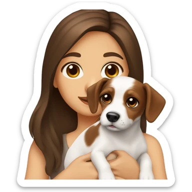 brunette girl with brown eyes and long hair holds a puppy Jack Russell dog with brown eyes sticker