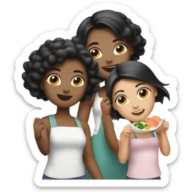 3 girls one with black hair and two with brown hair eating seafood sticker