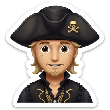 A kindhearted pirate in a black ruffled shirt, black waistcoat, and an ornate black hat, his friendly gaze welcoming sticker