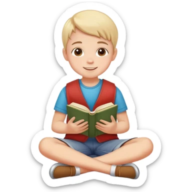 child sitting cross-legged on the floor, cheerful and calm, with a book in hand sticker