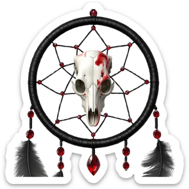 Blood-red, bloody, obsidian-black, edgy, dream catcher, red gemstones, black wire, black threads, white animal skull, white feathers, badass, evil, gorgeous aesthetic, gothic decoration sticker