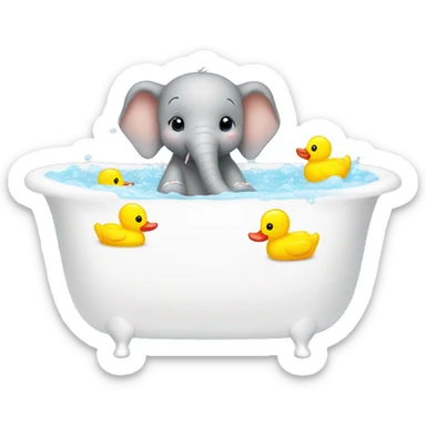 baby elephant having a bath in a white bathtub with little yellow rubber ducks sticker