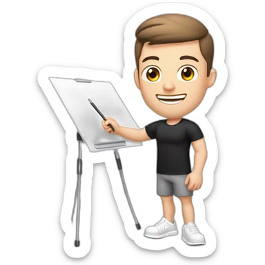 Pale skinned Fit Man With the biceps and brown hair in black shirt, gray sports shorts and white Sneakers Writing text on the flipchart sticker