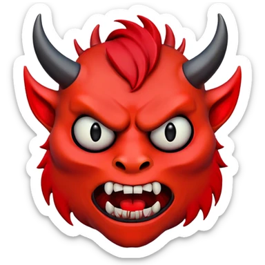 A demonic or monstrous face with a wide, open mouth full of sharp, jagged teeth. The face is red and black with curved horn-like shapes extending upward. sticker