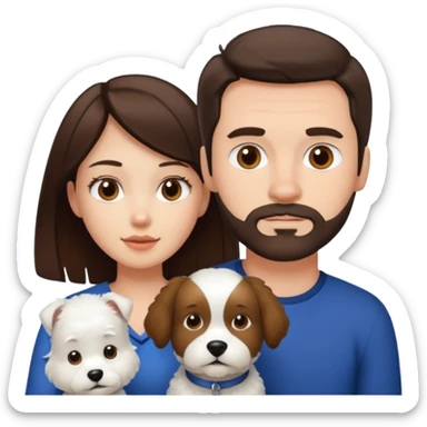 scottish man with stubble, brunette woman and one white fluffy dog sticker