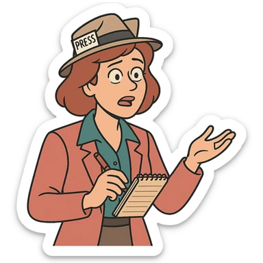 A 1980s female newspaper journalist holding a note book and pen looking like they are asking a question sticker