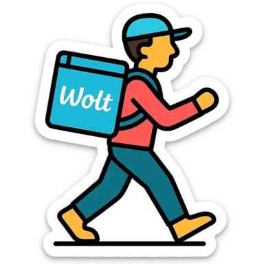 delivery man walking wearing a Wolt backpack, clean style sticker