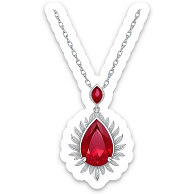 conceptual and ethereal teardrop ruby pendant with fiery light, a tiny phoenix feather emerging, haloed by shimmering white stones, and a silver chain, symbolizing rebirth sticker