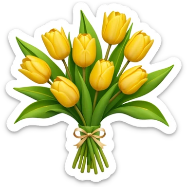 bouquet of yellow tulips with green leaves, bright and fresh, emoji style sticker
