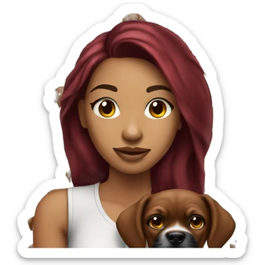 Beautiful tattooed  burgundy long haired woman holding a boxer puppy sticker