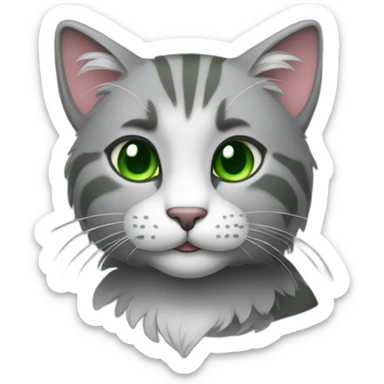 a cat with green eyes and gray fur holding a heart in its paws. sticker