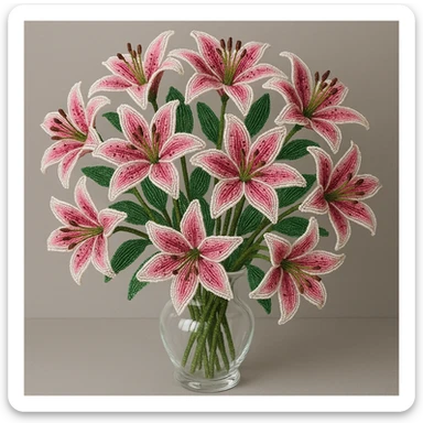 a bouquet of twelve french beaded pink stargazer lilies in a clear glass vase, vibrant pink and white, intricate beading, green stems and leaves, realistic and artistic sticker