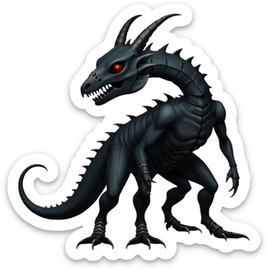 Shiny Dark Edgy  Salandit-Inteleon-Amaura-Fakémon-hybrid-creature (full body) with a horned animal-skull-mask sticker