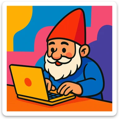 a gnome typing on a laptop, in a colorful, vibrant toon style sticker