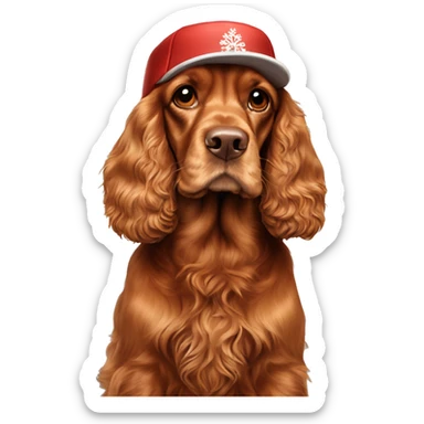 A full-length, adult, red cocker spaniel in a New Year's cap, siting sticker