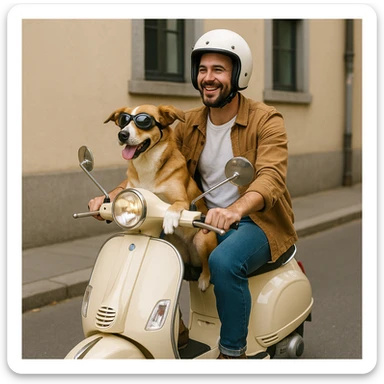 man and his pet dog riding a vespa sticker