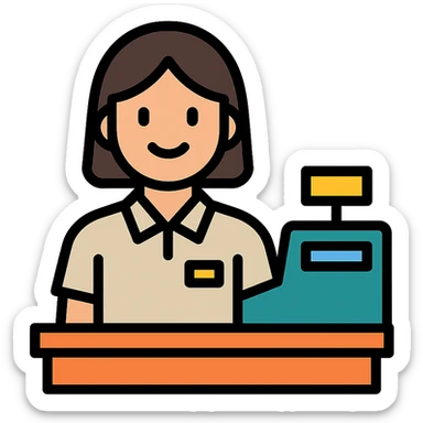 Gender-neutral cashier with shoulder-length hair, standing behind a cashier desk, smiling, wearing a neutral-colored uniform sticker