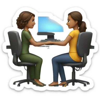 two women sitting at a computer sticker
