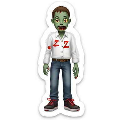 A Zombie With One Shoe On And One Shoe Off Named Zobie With A White School Shirt With Red Accents And With The Letter Z On It And Long Pants. | Photo 1 sticker