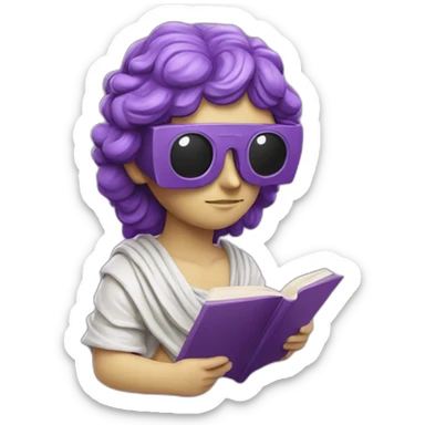 an EMOJI OF A ancient young greek statue reading a book, wearing VR glasses, purple colors, DIGITAL UNIVERSE sticker