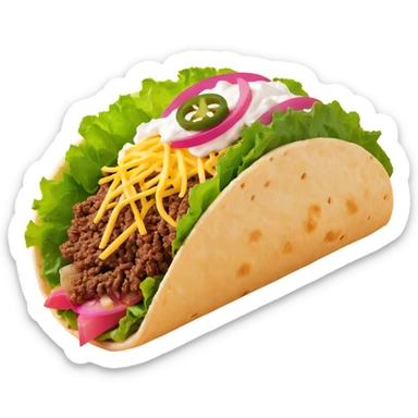 front-facing hard shell taco with pink shell, filled with lettuce, shredded yellow cheese, sliced jalapenos, brown ground beef, and a dab of sour cream sticker