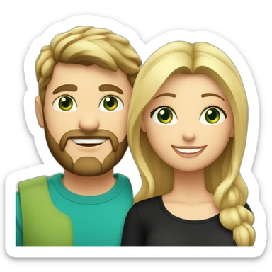 A happy couple, blond chubby girl with blue eyes and black haired and bearded man with green eyes. The man wears a black t-shirt sticker