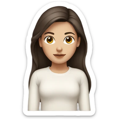 White girl with dark brown long hair, brown eyes and a white sweater sticker