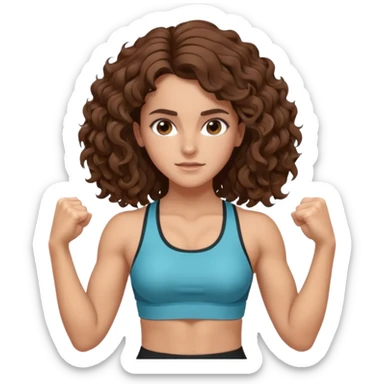 full body, very beautiful italian girl, looking like Emma Watson, with curly and big volume very bright brown hair, workout clothes, flexing muscles

 sticker