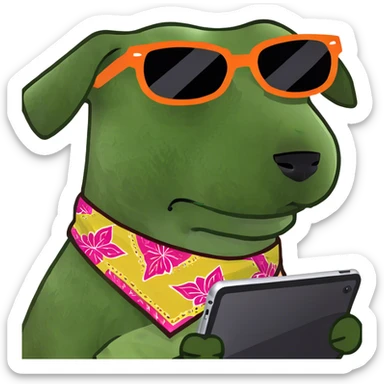 dog with sunglasses playing with ipad sticker