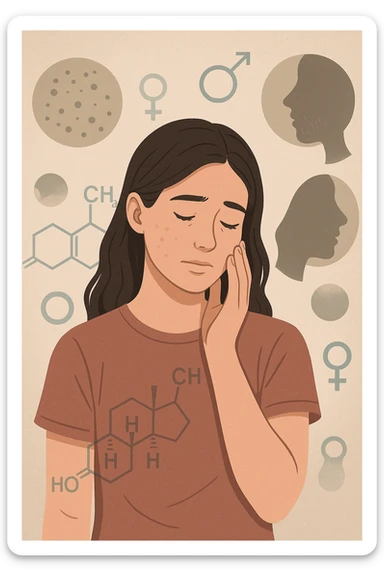 A young woman is surrounded by faint overlays of hormonal symbols and androgen molecules, with shadowy images of acne, facial hair, and oily skin projected around her, symbolizing the symptoms of PCOS with androgen excess. She looks down, gently touching her face with a resigned but hopeful expression, symbolizing her journey toward managing these symptoms. in italiano sticker