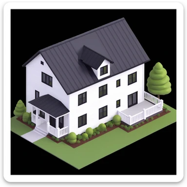 modern farmhouse with white siding, black roof and black trim, isometric exterior view sticker