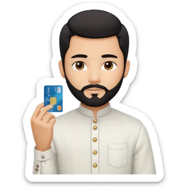 generate a pretty bratz boy wearing a white linen mandarin collar shirt with an amex card in hand. bearded black hair sticker