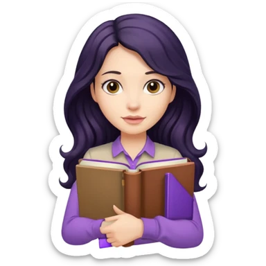 Long Hair Women with purple Book, Black wavy hair, beige shirt sticker