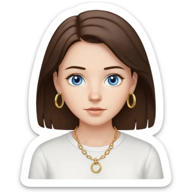 Create an emoji of a pretty white Girl with brunette hair blue eyes faint freckles and medium length hair wearing a white shirt with gold hoop earrings and a gold necklace  sticker
