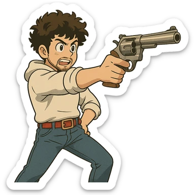 1 male, mid fade haircut dark chestnut brown curly hair, toasted lightskin, white hoodie sleeves up, fashion jeans, red fashion-sneakers shoes, red belt, short trimmed beard and goatee,  style of deku from "my hero academia", drawing a magnum revolver like dirty harry, twtich emote sticker