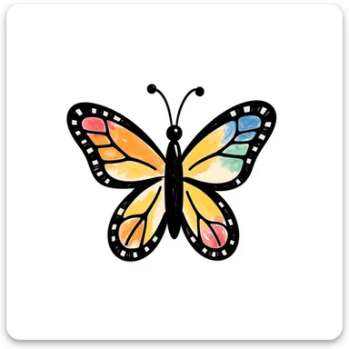 colorful butterfly drawn in childlike crayon style, centered, isolated on white background sticker