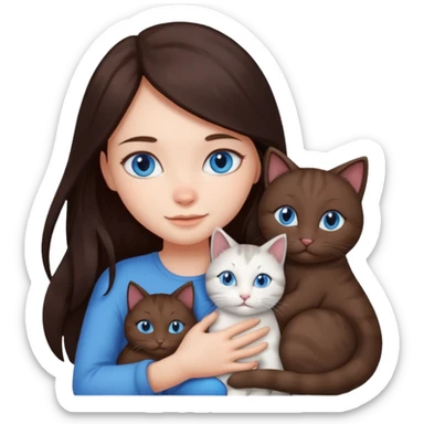 a girl with long dark 
brown hair, with blue eyes, hugs 3 different natural coloured cats sticker