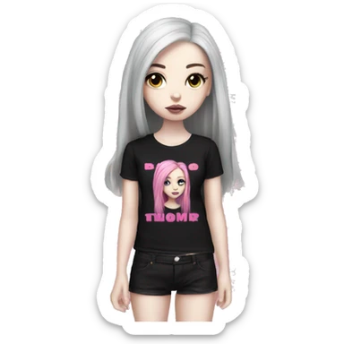 Hyperreal pale skin emo girl with long pink and black hair with black band tee with pink lettering on front sticker