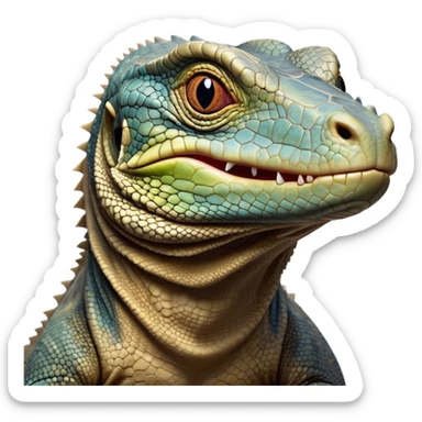 Cinematic Comical Komodo Dragon Lizard Portrait Emoji, Head tilted dramatically with an exaggeratedly shocked expression, featuring a robust, scaled body with wide, comically expressive eyes full of humorous disbelief, Simplified yet hilariously expressive features, highly detailed, glowing with a slightly sassy glow, high shine, dramatic yet playful, stylized with an air of quirky exotic attitude, soft glowing outline, capturing the essence of a meme-worthy Komodo dragon that looks ready to side-eye its way into viral fame! sticker