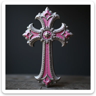 realistic gothic cross, pink and silver, photorealistic style, no background sticker