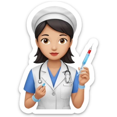 a modern day asian woman nurse holding a vaccination needle sticker