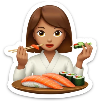 A girl with brown hair satin sushi made with cucu bed and peppers and rice sticker