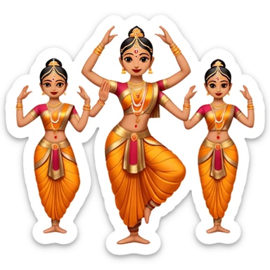 Cinematic Realistic Bharatanatyam Dance Emoji, depicted as an elegant classical Indian dance performance with graceful poses, intricate costumes, and expressive hand gestures, rendered with rich textures and warm dramatic lighting that captures its timeless beauty. sticker
