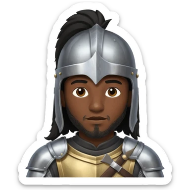 A black male with long black rough hair wearing a knight helmet sticker