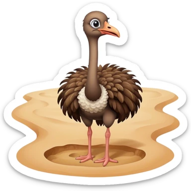 A cute cartoon ostrich standing next to a hole in the sand. sticker