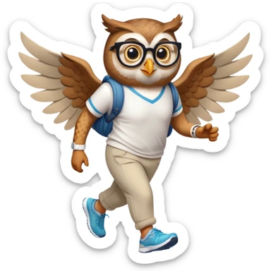 friendly anthropomorphised owl with wings instead of arms, in pants and a shirt, wearing glasses, jogging upright, standard pose sticker