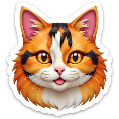 Cinematic Comical Calico Cat Portrait Emoji, Head tilted dramatically with an exaggeratedly surprised expression, showcasing a vibrant patchwork fur of orange, black, and white with wide, comically expressive eyes, simplified yet hilariously detailed, glowing with a sassy, golden radiance, high shine, exuding playful mischief and cheeky feline attitude, styled with a soft glowing outline, capturing the essence of a calico cat that looks ready to leap off the screen with mischievous flair! sticker
