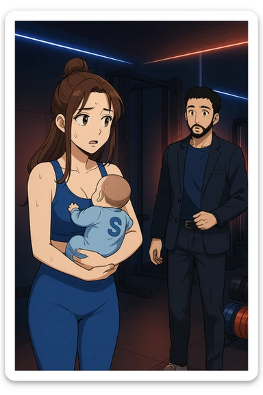 ispirati a questo stile di disegno e fai questa immagine in versione manga/webtoon a colori, il manga mostra la donna preoccupata con un neonato in braccio con una tutina azzurra e la scritta "S" sulla schiena, la donna gli sta facendo una domanda all'uomo, ma non fare i fumetti, fai come se stessero parlando sticker